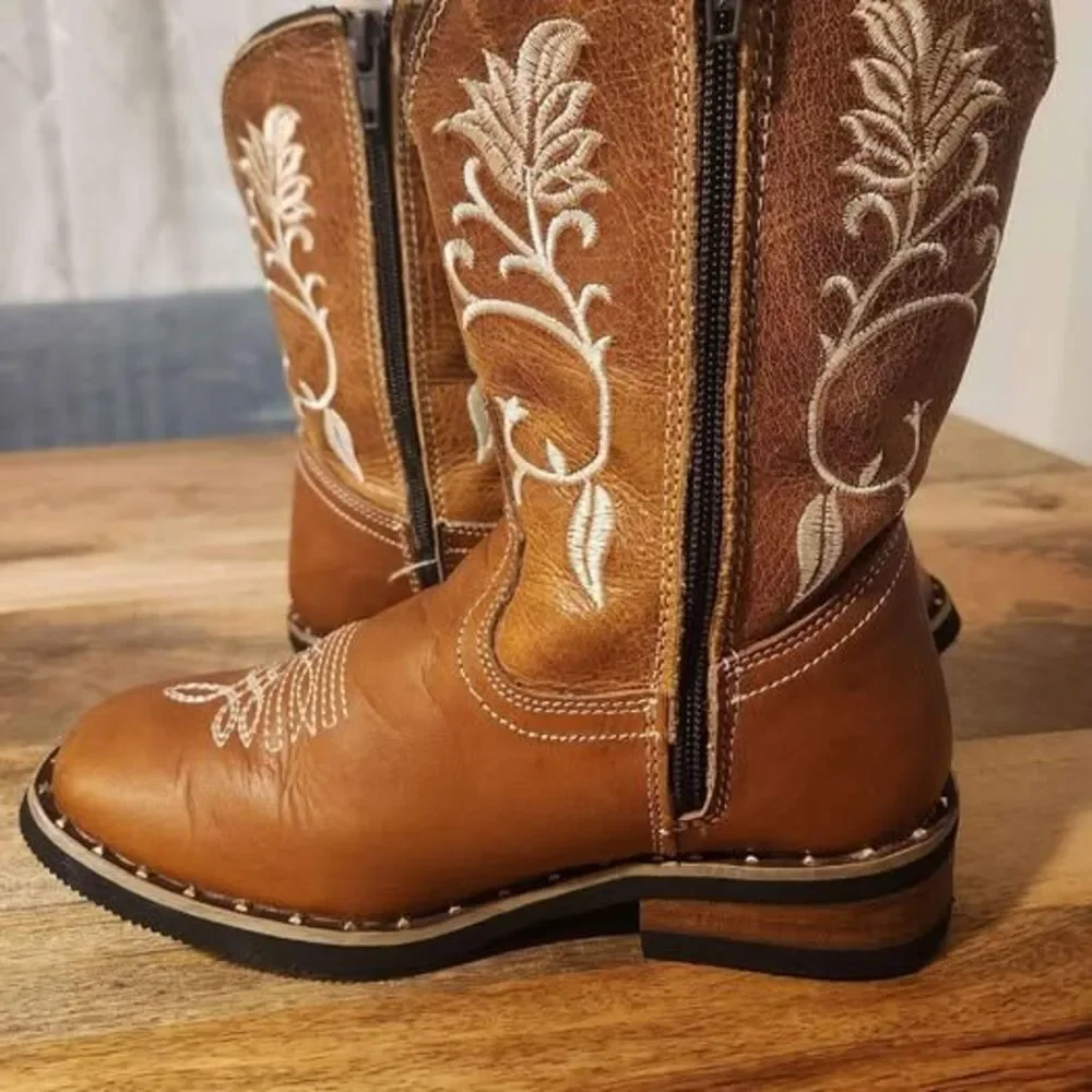 Brown Square Toe Real Leather Cowboy Boots from Zacatecas Size 20.5 MX 1.5 Kids